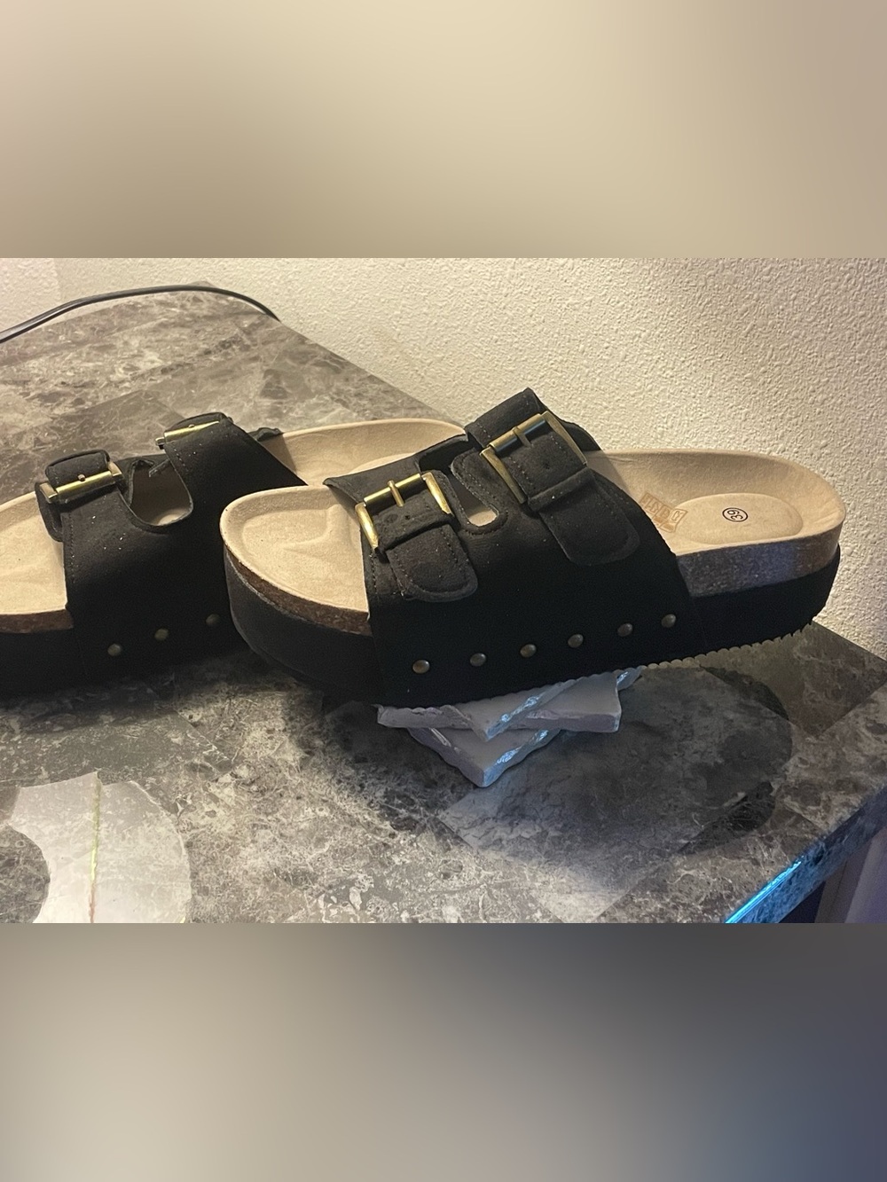 New size 39 8-8.5 Black Double-Buckle Slide Sandals with Gold Hardware
